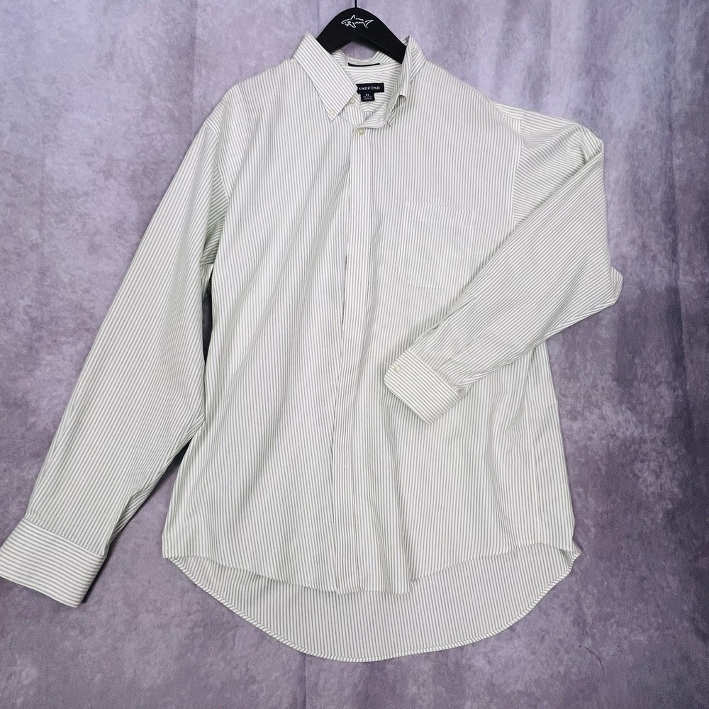 Lands' End Men's XL 17-17.5/32 Green White Striped Button Down CottonDress Shirt